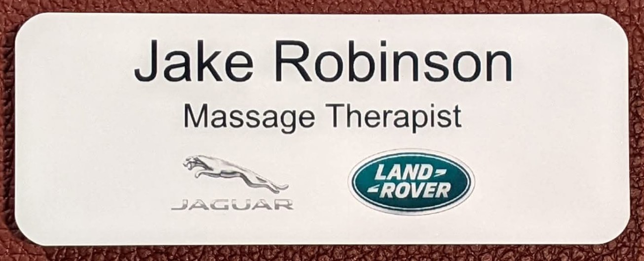 Jake Robinson, Massage Therapist name tag from Jaguar Land Rover